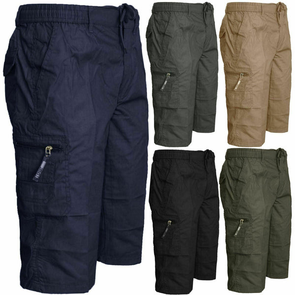 Mens Plain 3/4 Shorts Elasticated Waist Cargo Combat Long Pants Trousers M-3XL - Georgio Peviani