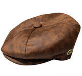 Mens PU Leather Newsboy Cap 8 Panel Flat Cap Gatsby Baker Boy Cabbie Peaky Hat - Georgio Peviani