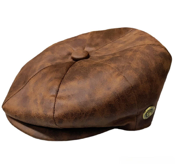 Mens PU Leather Newsboy Cap 8 Panel Flat Cap Gatsby Baker Boy Cabbie Peaky Hat - Georgio Peviani