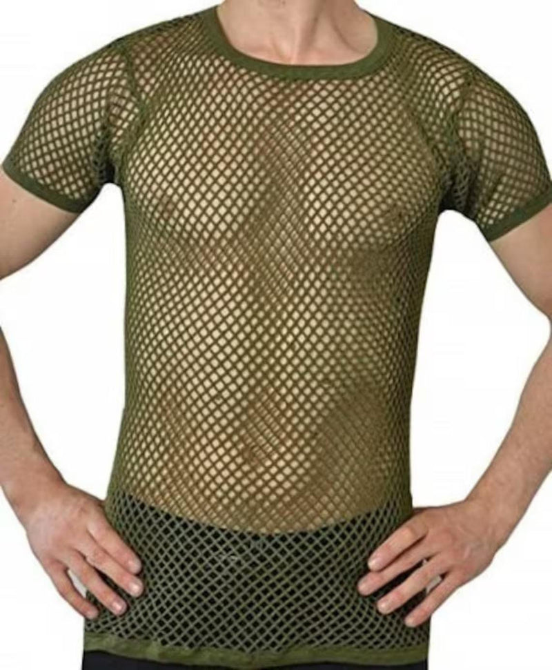 Mens Crystal String Mesh Tops Cotton Men Mesh Fishnet Short Sleeve T-Shirt Top Tee - Georgio Peviani