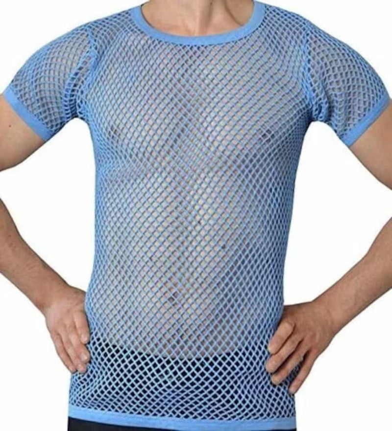 Mens Crystal String Mesh Tops Cotton Men Mesh Fishnet Short Sleeve T-Shirt Top Tee - Georgio Peviani
