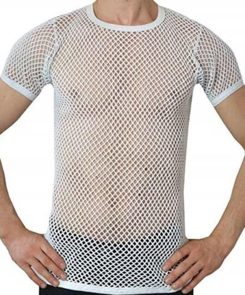 Mens Crystal String Mesh Tops Cotton Men Mesh Fishnet Short Sleeve T-Shirt Top Tee - Georgio Peviani