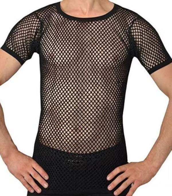 Mens Crystal String Mesh Tops Cotton Men Mesh Fishnet Short Sleeve T-Shirt Top Tee - Georgio Peviani