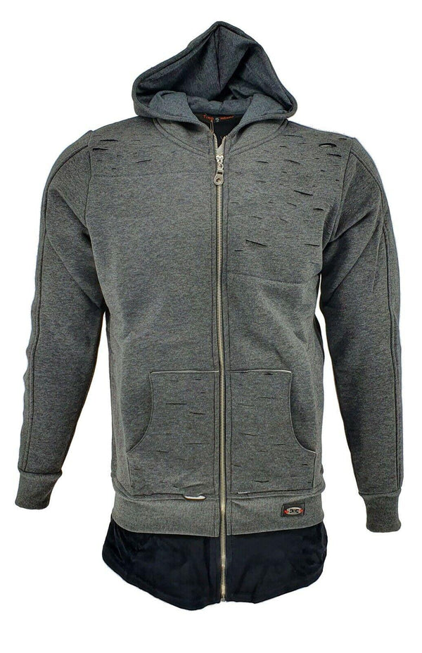 Mens Long Line Hip Hop Zip Up Frayed Hooded Sweatshirts Jacket Pullover Coat Top - Georgio Peviani