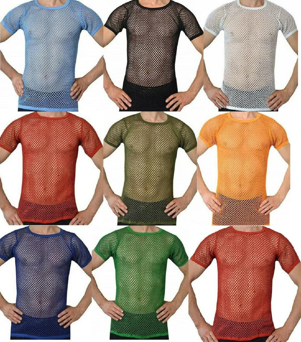 Mens Crystal String Mesh Tops Cotton Men Mesh Fishnet Short Sleeve T-Shirt Top Tee - Georgio Peviani
