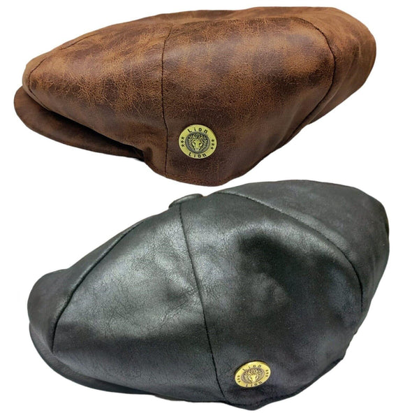 Mens PU Leather Newsboy Cap 8 Panel Flat Cap Gatsby Baker Boy Cabbie Peaky Hat - Georgio Peviani