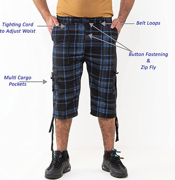 Mens Check Shorts 3/4 Length Casual Classic Fit Summer Shorts Elasticated Waist Cargo Combat Half Pants