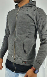 Mens Long Line Hip Hop Zip Up Frayed Hooded Sweatshirts Jacket Pullover Coat Top - Georgio Peviani