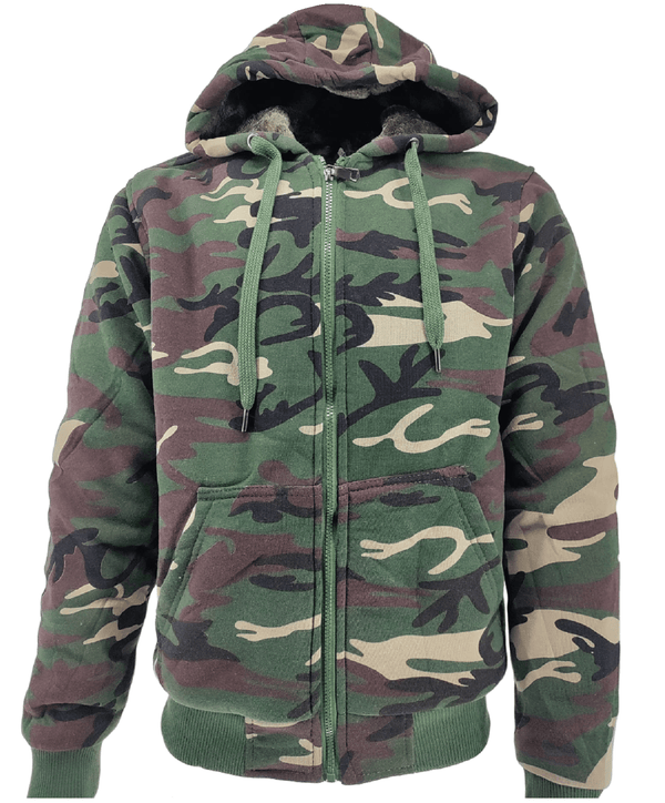 Mens Camouflage Hoodie Fur Lined Full Zip Army Camo Military Sherpa Hooded Men Warm Winter Jacket M - 3XL - Georgio Peviani