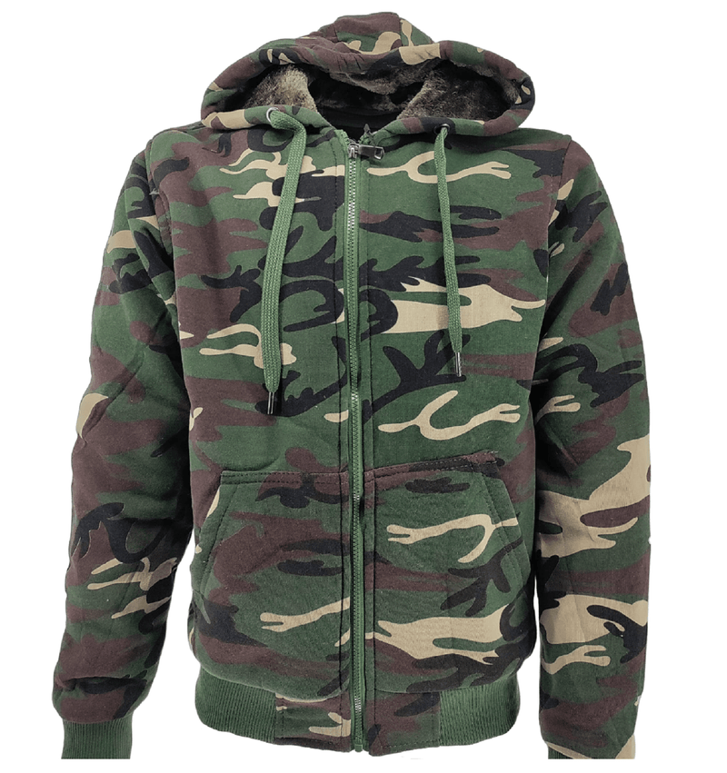 Mens Camouflage Hoodie Fur Lined Full Zip Army Camo Military Sherpa Hooded Men Warm Winter Jacket M - 3XL - Georgio Peviani