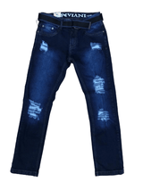 Mens Ripped Denim Jeans Peviani Tapered Fit Dark Blue With Belt Jean Pants W30 - Georgio Peviani