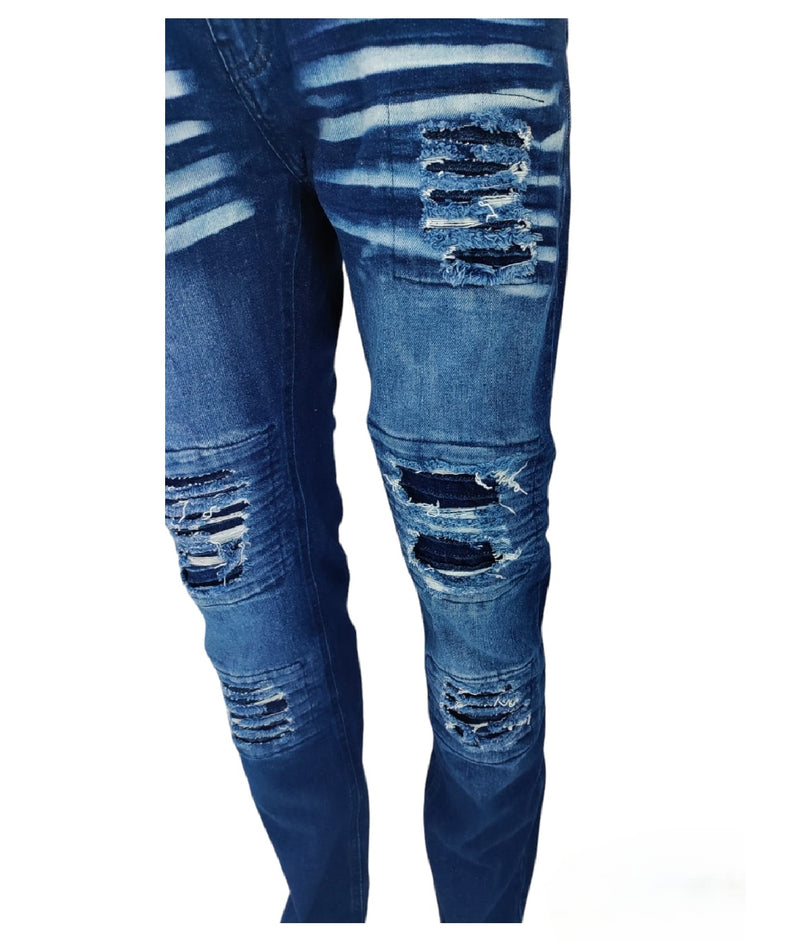 Mens Peviani Denim Jeans Frayed Stretch Distressed Ripped Combat Biker Dark Blue