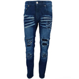Mens Peviani Denim Jeans Frayed Stretch Distressed Ripped Combat Biker Dark Blue