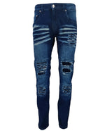 Mens Peviani Denim Jeans Frayed Stretch Distressed Ripped Combat Biker Dark Blue