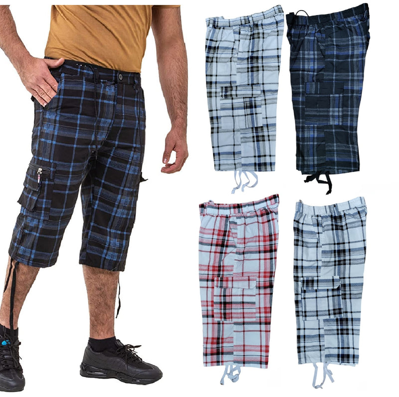 Mens Check Shorts 3/4 Length Casual Classic Fit Summer Shorts Elasticated Waist Cargo Combat Half Pants