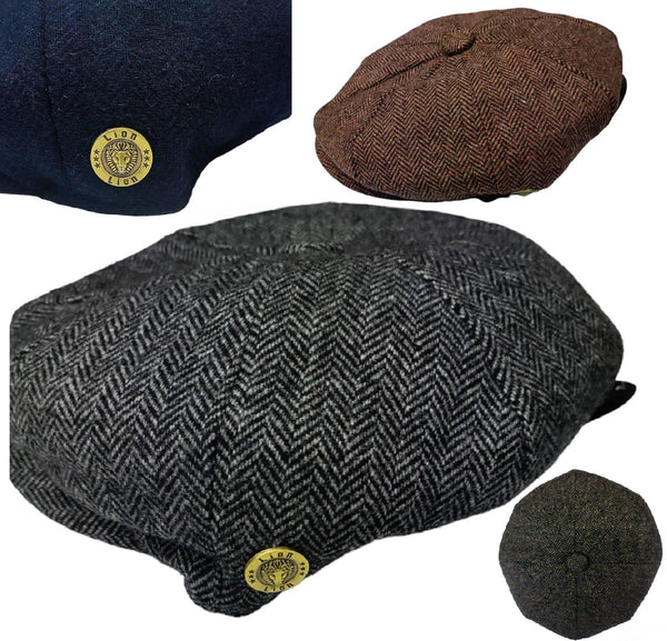 Mens Herringbone Hat 8 Panel Flat Cap Peaky Blinders Newsboy Tweed Baker Boy Gatsby 100% Wool Hat - Georgio Peviani