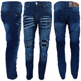 Mens Peviani Denim Jeans Frayed Stretch Distressed Ripped Combat Biker Dark Blue