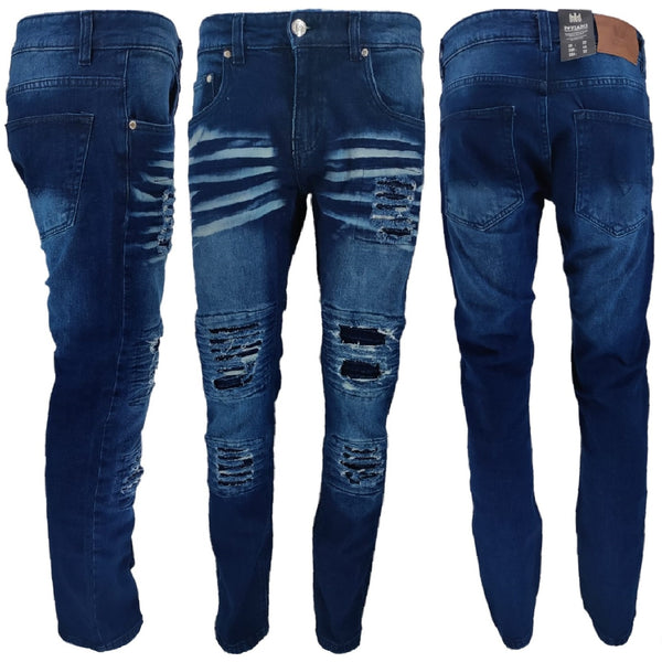 Mens Peviani Denim Jeans Frayed Stretch Distressed Ripped Combat Biker Dark Blue