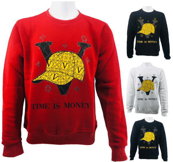 Mens Fleece Jumper V Cap Print Time Is Money Sweater Knitwear Pullover Long Sleeve Jersey Sweatshirt Top S-2XL - Georgio Peviani