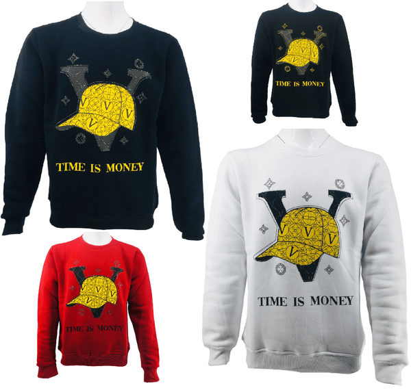 Mens Fleece Jumper V Cap Print Time Is Money Sweater Knitwear Pullover Long Sleeve Jersey Sweatshirt Top S-2XL - Georgio Peviani