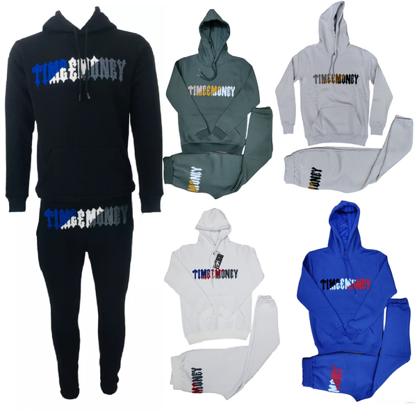 Mens Hooded Tracksuit Fleece Ribbed Cuff Time Is Money Cotton Joggers Sweatshirts Sweatpants Men’s Hoodie & Jogger Bottoms Track Suit