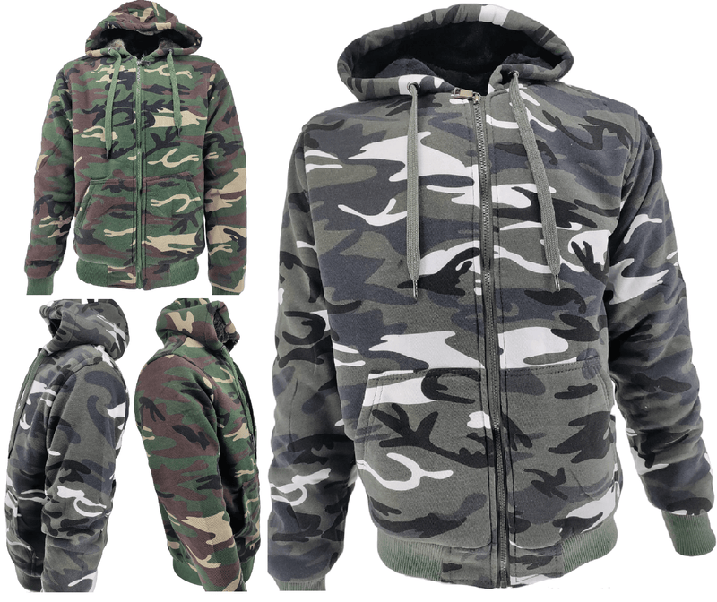 Mens Camouflage Hoodie Fur Lined Full Zip Army Camo Military Sherpa Hooded Men Warm Winter Jacket M - 3XL - Georgio Peviani