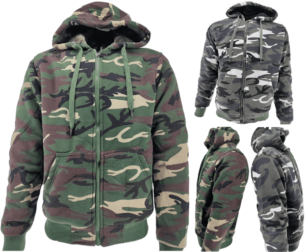Mens Camouflage Hoodie Fur Lined Full Zip Army Camo Military Sherpa Hooded Men Warm Winter Jacket M - 3XL - Georgio Peviani
