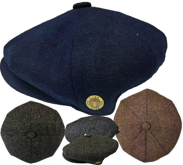 Mens Herringbone Hat 8 Panel Flat Cap Peaky Blinders Newsboy Tweed Baker Boy Gatsby 100% Wool Hat - Georgio Peviani
