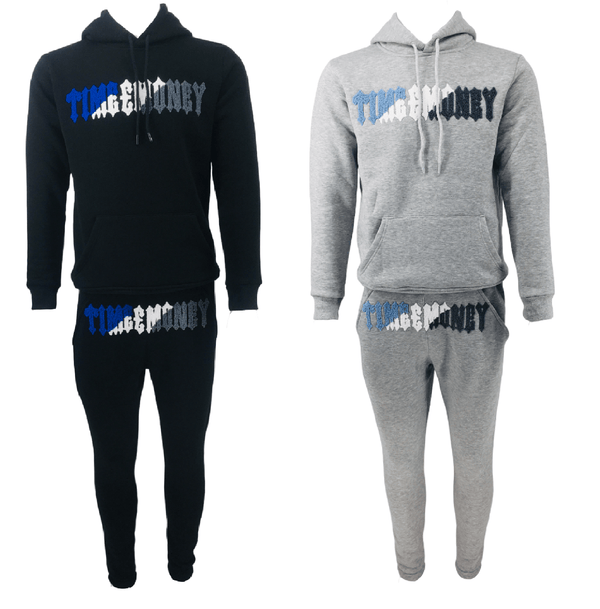 Mens Hooded Tracksuit Fleece Ribbed Cuff Time Is Money Cotton Joggers Sweatshirts Sweatpants Men’s Hoodie & Jogger Bottoms Track Suit - Georgio Peviani