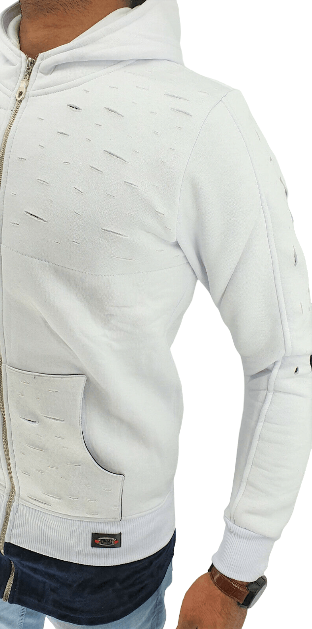 Mens Hooded Jacket Sweatshirts Men's Long Line Hip Hop Zip Up Frayed Pullover Coat Top - Georgio Peviani