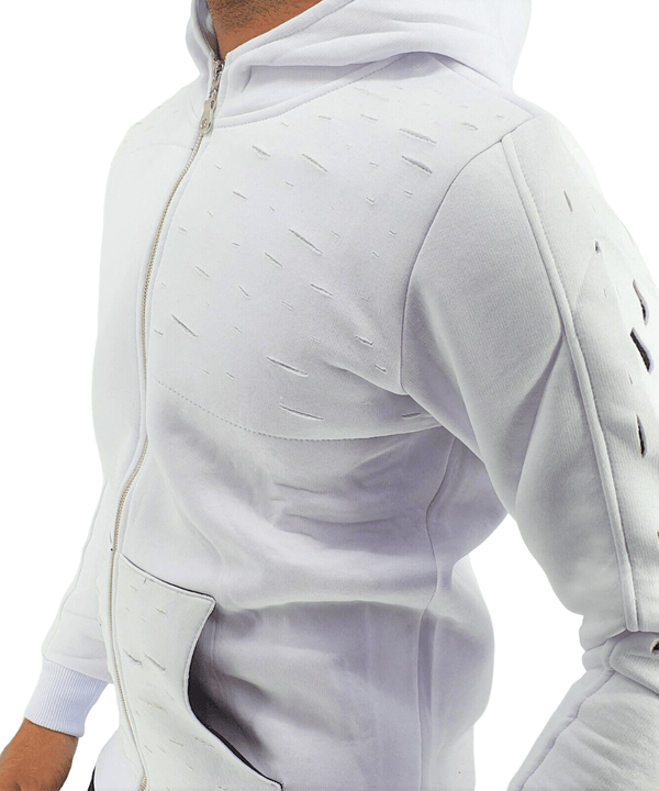 Mens Hooded Jacket Sweatshirts Men's Long Line Hip Hop Zip Up Frayed Pullover Coat Top - Georgio Peviani