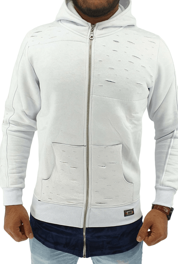 Mens Hooded Jacket Sweatshirts Men's Long Line Hip Hop Zip Up Frayed Pullover Coat Top - Georgio Peviani