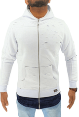 Mens Hooded Jacket Sweatshirts Men's Long Line Hip Hop Zip Up Frayed Pullover Coat Top - Georgio Peviani