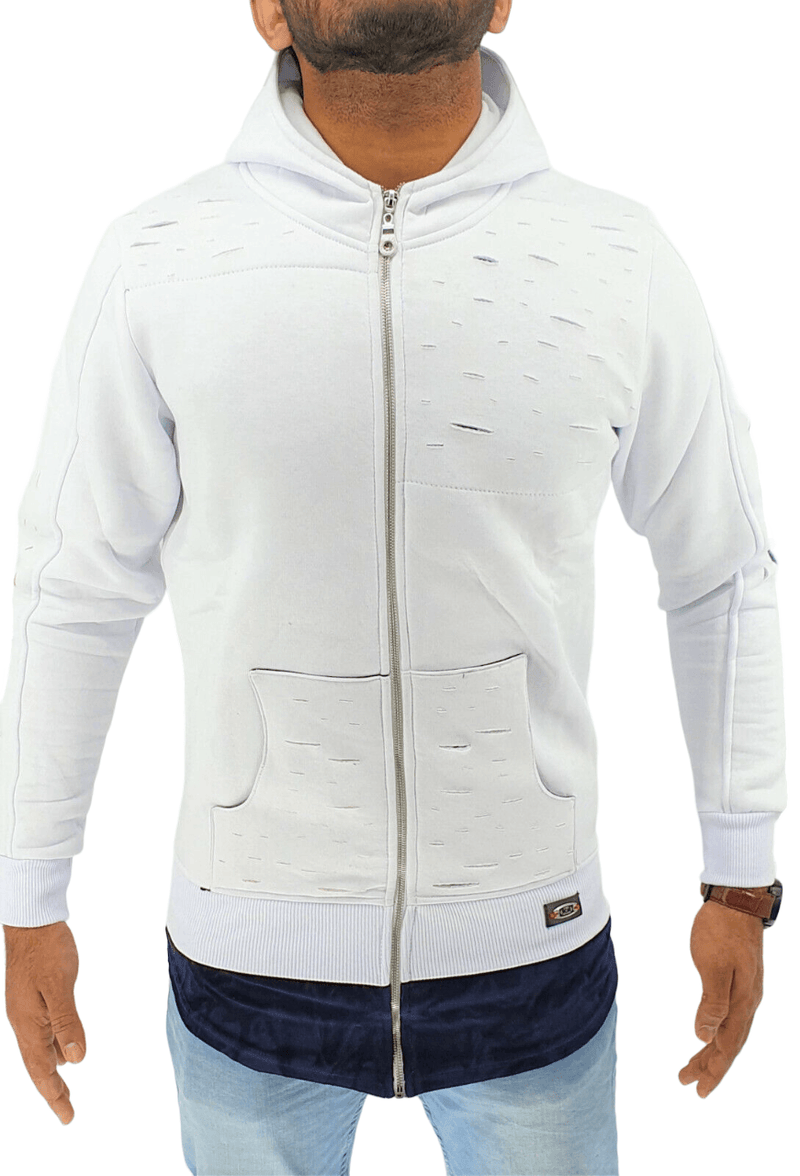 Mens Hooded Jacket Sweatshirts Men's Long Line Hip Hop Zip Up Frayed Pullover Coat Top - Georgio Peviani
