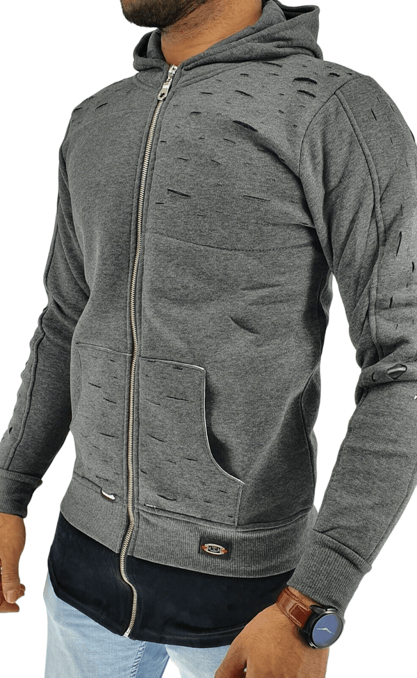 Mens Long Line Hip Hop Zip Up Frayed Hooded Sweatshirts Jacket Pullover Coat Top - Georgio Peviani