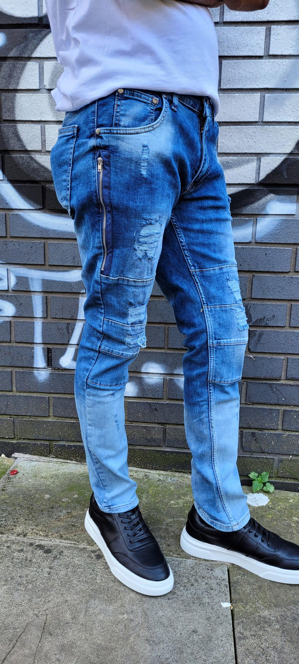 Peviani Ripped Slim Fit Jeans-Blue - Georgio Peviani