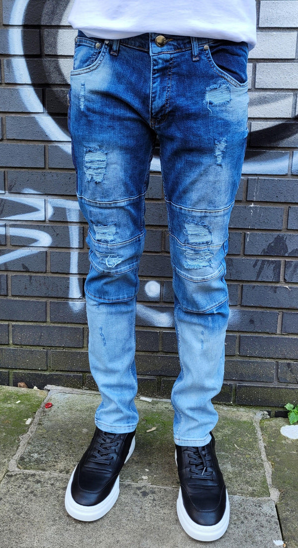 Peviani Ripped Slim Fit Jeans-Blue - Georgio Peviani