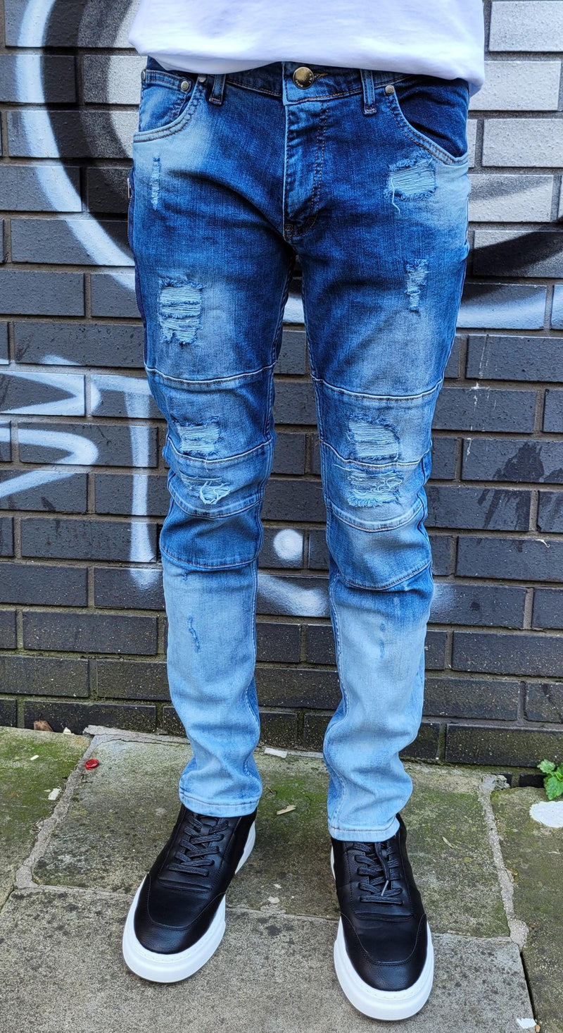 Peviani Ripped Slim Fit Jeans-Blue - Georgio Peviani