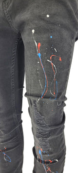 GP PATCHWORK PAINT SPLATTER JEANS - BLACK - Georgio Peviani