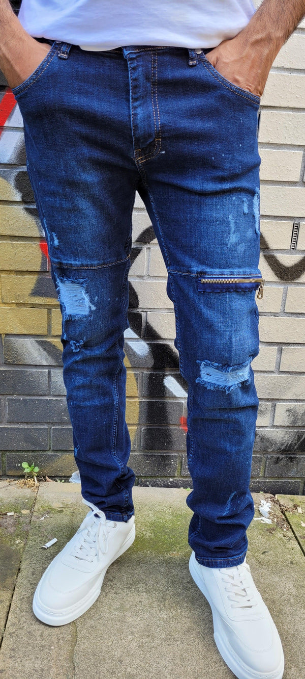 Peviani Ripped Slim Fit Jeans-Blue - Georgio Peviani
