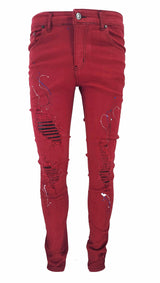 GP PATCHWORK PAINT SPLATTER JEANS -RED - Georgio Peviani