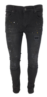 DK Black Ripped Paint Splatter Slim Fit Jeans - Georgio Peviani