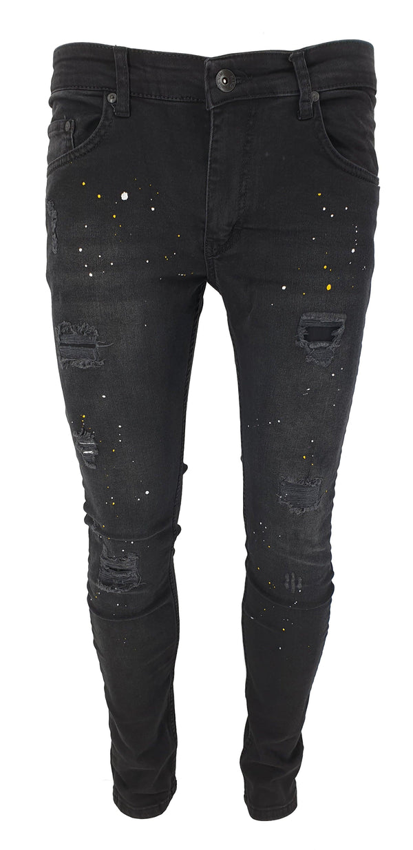 DK Black Ripped Paint Splatter Slim Fit Jeans - Georgio Peviani