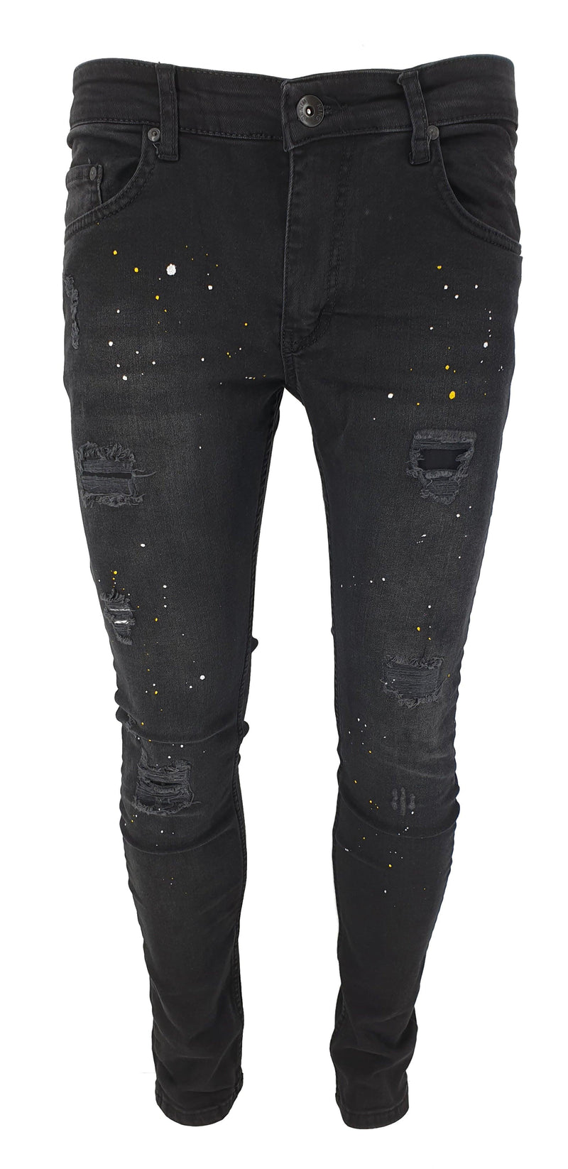 DK Black Ripped Paint Splatter Slim Fit Jeans - Georgio Peviani