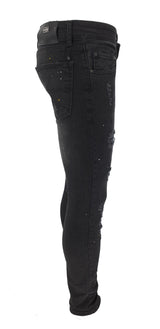 DK Black Ripped Paint Splatter Slim Fit Jeans - Georgio Peviani