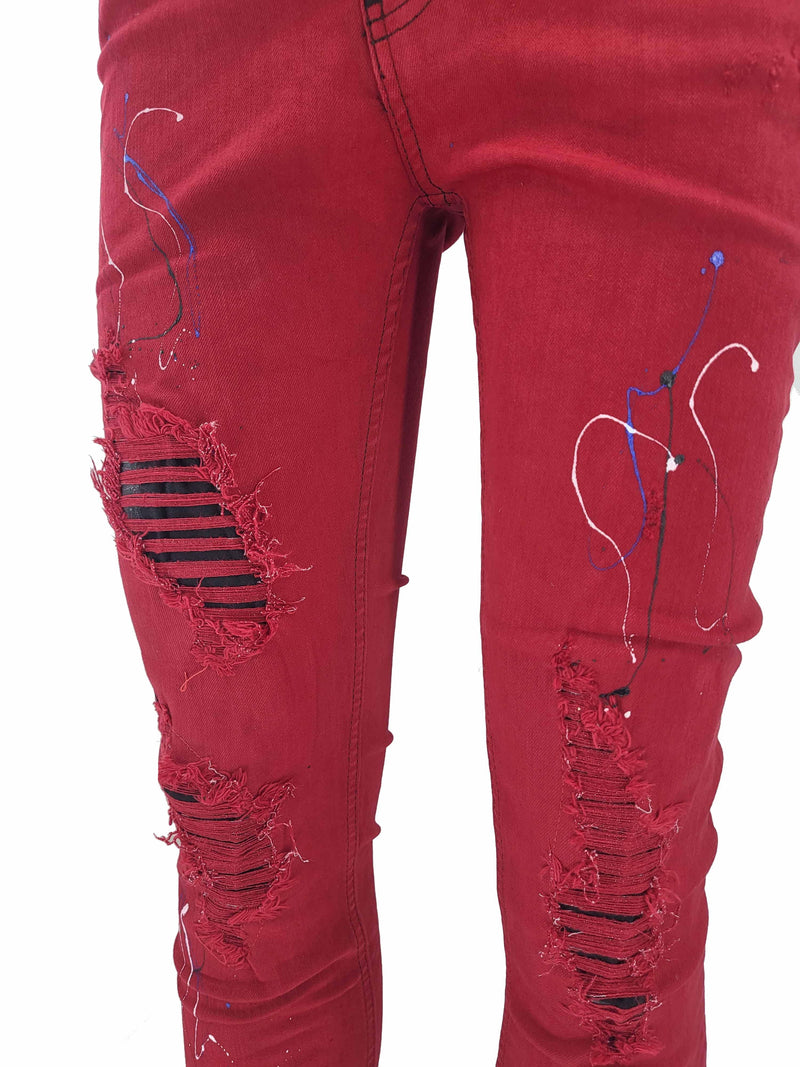 GP PATCHWORK PAINT SPLATTER JEANS -RED - Georgio Peviani