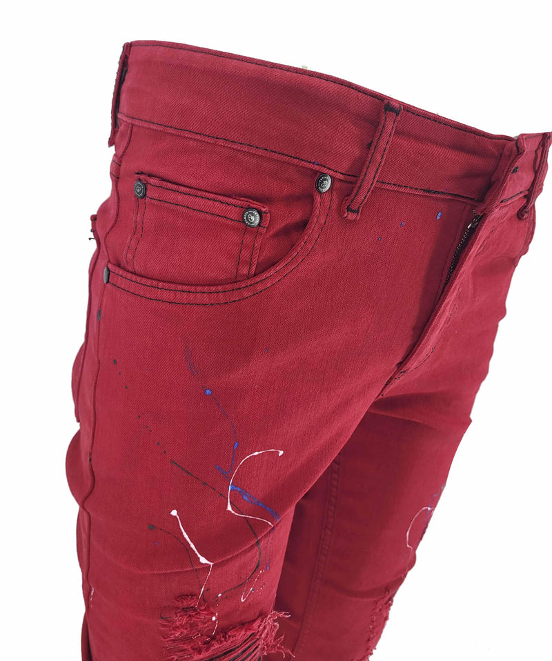 GP PATCHWORK PAINT SPLATTER JEANS -RED - Georgio Peviani
